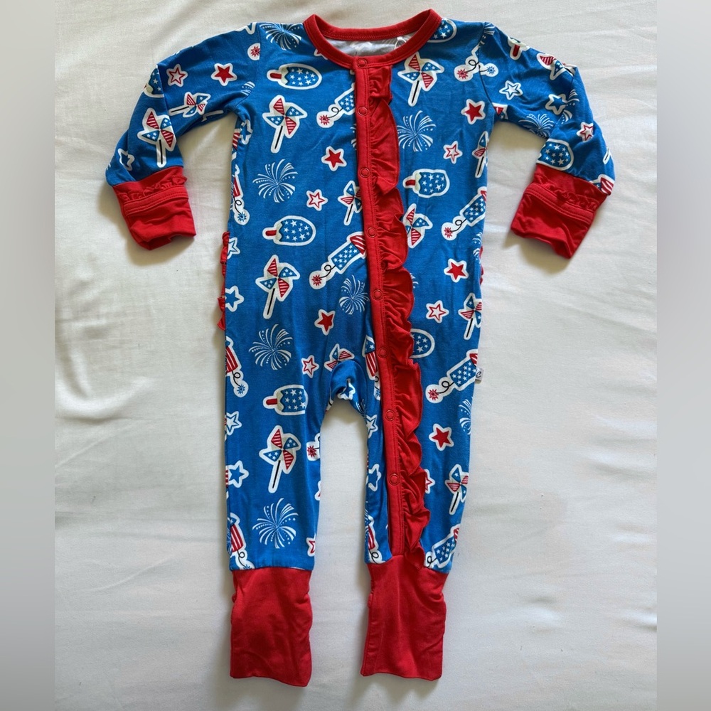 LAREE + CO (0-3m)bamboo patriotic blue red white baby girl ruffle snap one piece
